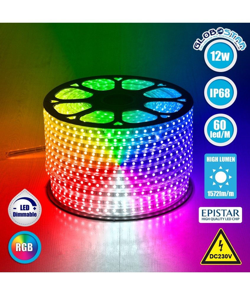 GLOBOSTAR® EPISLIM 70507 Ταινία LED 12W-m 780lm-m 120° DC 220-240V Αδιάβροχη IP65 60 x SMD5050 Chip-m Πολύχρωμο RGB Dimmable - Epistar SMD Chip - M100 x Π1.5 x Υ0.6cm - 3 Χρόνια Εγγύηση